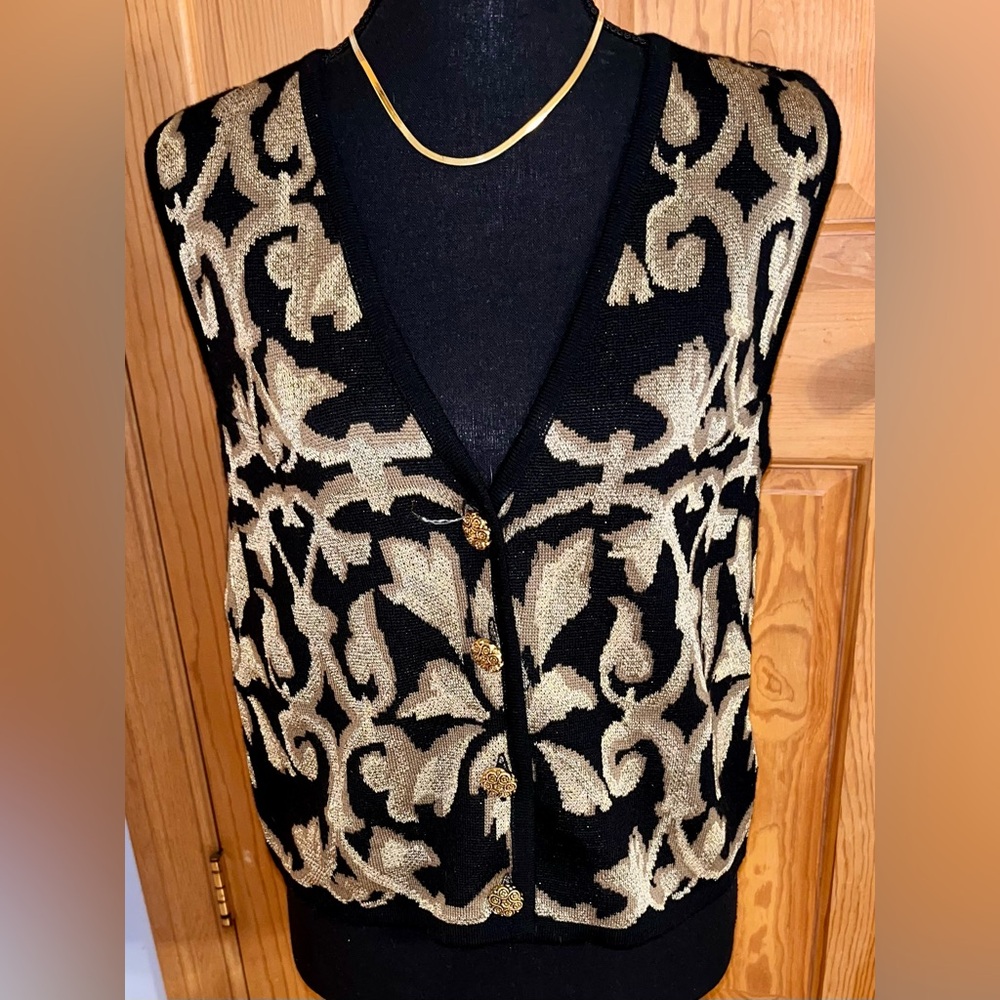 Vintage Peter Nygard Gold Metallic Knit Sweater Vest Small 90s Mob Wife Baroque - Picture 13 of 15